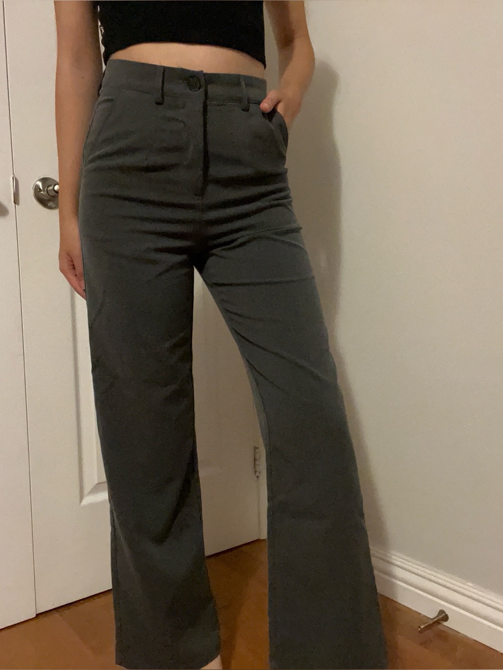 High-Rise Wide Leg Pants in Charcoal Gray